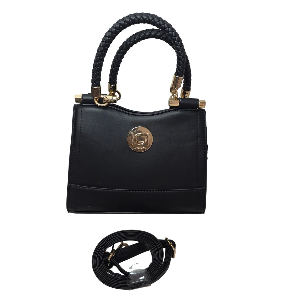 Bebe NWOT Black Faux Leather Top Handle Bag Gold Logo Chain Strap Date Nt Office